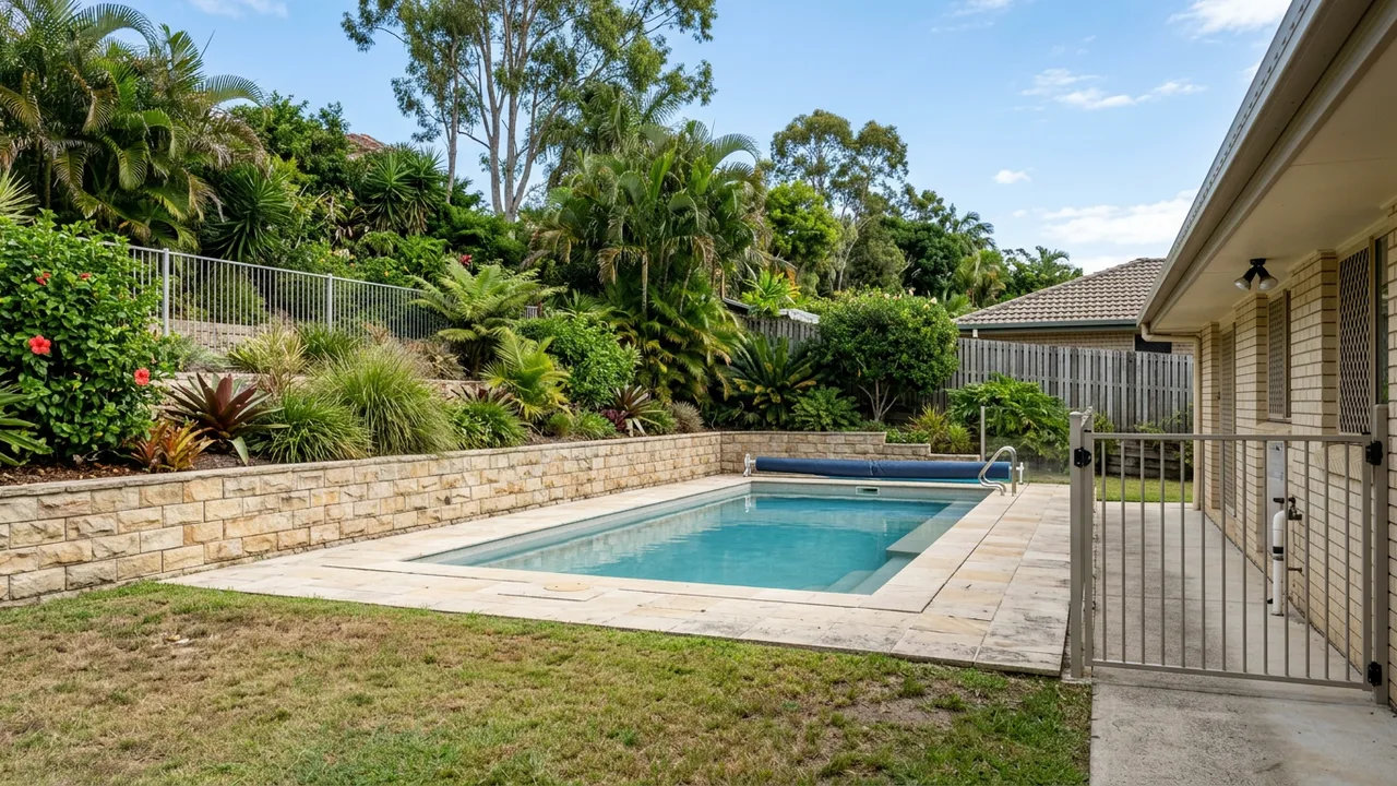Pool and retaining wall within a Brisbane garden