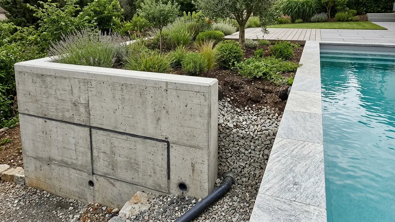 Retaining wall beside a pool construction zone
